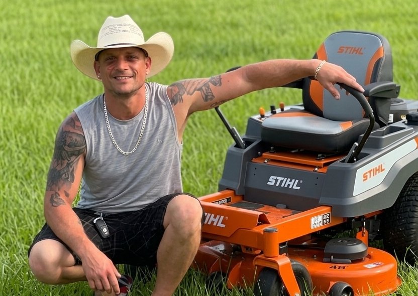 Jason Handley with his mower, owner of Blowin' Grass Lawncare